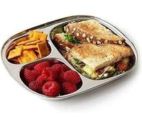 AYUSHNAIK Stainless Steel Three Compartment Oval Plate, Steel Thali, Mess Tray, Dinner Plate - 9.5 Inch