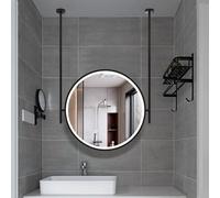 AYVADA Round Hanging Rod Mirror, LED Bathroom Makeup Vanity Mirror Ceiling Mounted Floating Mirror with Metal Frame, Decorative Mirrors for Wall - Black(Diameter-40CM/15.7INCH)