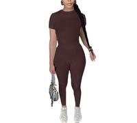 AYWA Two Piece Outfits for Women Fitted Crew Neck T-shirt High Waist Leggings Biker Shorts Matching Sets Streetwear Clothing, Cocoa, S