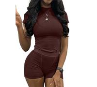 AYWA Two Piece Outfits for Women Fitted Crew Neck T-shirt High Waist Leggings Biker Shorts Matching Sets Streetwear, Cocoa-shorts, M