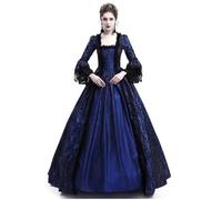 AYWTIUN Vintage Witch Dress Medieval Lace Patchwork Bell Sleeve Dress Court Retro V Neck Full Length Ankle Women's Lantern Gown(Blue,XL)