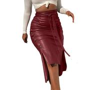 AYXAMO PVC Skirt,Leather Skirt Women Trendy PU Leather Midi Skirt Solid Color High Waist Lace-up Side Button Slim Skinny Pencil Skirt for Ladies(1,XL)