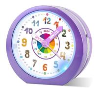 Ayybboo Kids Alarm Clock Bedside Girls Boys,Silent Non-Ticking Battery Powered Analogue Clocks with Night Light and Snooze,Colorful Design to Help Children Learning Time (Violet)