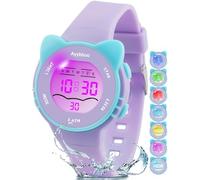 Ayybboo Kids Watch,Toddler Digital Watch with 7 Color Lights & Kitten Design,Waterproof Children's Watches for Girls/Boys 4-12 Years Old (Purple)