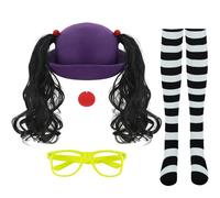 AYYOHON Loonette the Clown Costume Accessories Bowler Hat Attached Wig Glasses Nose Stockings Set for Halloween Cosplay Props