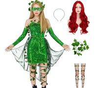 AYYOHON Poison Costume Women Ivy Sequin Mini Dress with Leg Wrap Eye Mask Gloves Cape Ivy Headband Villain Halloween Cosplay XL