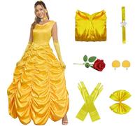 AYYOHON Princess Belle Costume Women Beauty Fairytale Long Dress Gown Off Shoulder Yellow Party Dress Red Rose Earrings Set M