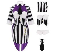AYYOHON Women Beetle Juice Cosplay Costume Black White Vertical Striped Corset Skirt Jacket Set with Tie Halloween Outfits 3XL