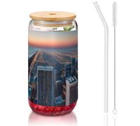 AYYQWE Chicago Illinois USA 1 Print 16 Oz Bamboo Lid Straw Glass Cup for Home Office Travel Coffee Tea Cold Beverages