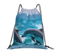 AYYQWE Dolphins In The Sea Print Adults Lightweight Foldable Drawstring Backpack Sports Reusable Bag Travel Yoga