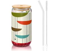 AYYQWE Mid Century Modern Prints Print 16 Oz Bamboo Lid Straw Glass Cup for Home Office Travel Coffee Tea Cold Beverages