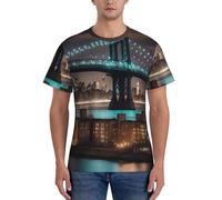 AYYQWE New York Manhattan Bridge Night Print Fashion Men Short Sleeve T-Shirts Gym Wear Breathable Workout Summer Casual Outing Black