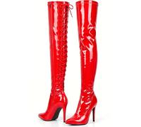AYZAL Women Lace-Up Thigh-High Boots with Side Zip & Back Laces, Patent Leather Over-the-Knee Heels, Stretchy Riding Boots (RED, UK Footwear Size System, Adult, Women, Numeric, Medium, 6)