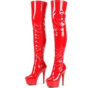 AYZAL Women’s Thigh High Boots Stiletto Heel Wide Leg Stretch Fetish Platform Boots with side zip closed round toe (Red Patent, UK Footwear Size System, Adult, Women, Numeric, Medium, 8)