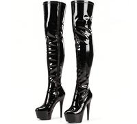 AYZAL Women’s Thigh High Boots Stiletto Heel Wide Leg Stretch Fetish Platform Boots with side zip closed round toe (Black Patent, UK Footwear Size System, Adult, Women, Numeric, Medium, 10)