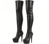 AYZAL Women’s Thigh High Boots Stiletto Heel Wide Leg Stretch Fetish Platform Boots with side zip closed round toe (Black Mat, 10, UK Footwear Size System, Adult, Women, Numeric, Medium, 10)