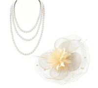 AYZDJ 2PCS Fascinator Set - Feather Veil Headband & Pearl Necklace | Cream-toned feathers, delicate mesh, faux ivory beads, long drop pendant, for weddings, garden parties, or formal gatherings.