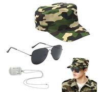 AYZDJ 3 PCS Army Costume Set for Adults, Military Soldier Fancy Dress with Camo Hat, Aviator Sunglasses & Dog Tag Necklace
