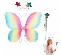 AYZDJ 3PCS Butterfly Wings Set with Star Hair Clips & Magic Wand Costume | Shimmer wings, star clips, sparkling wand, elastic straps, for stage, cosplay, parties, or fantasy play.