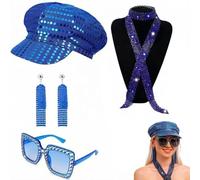 AYZDJ 4 Pcs Disco Glitter Hat Set with Sunglasses, Earrings & Tie, ABBA Style Sequin Cap Retro Accessories for Women, 70s 80s Costume Outfit for Theme Party Birthday Dance Performance.