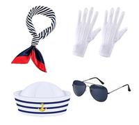 AYZDJ 4PCS Sailor Hat Scarf Glasses Gloves Set - Blue & White Captain Navy Cap with Neck Scarf for Adults, Nautical Theme Party Costume Accessories, Pirate Ship Role Play Fancy Dress for Men Women.
