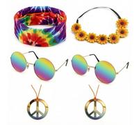 AYZDJ 6-Piece Hippie Costume Set for Adults | 2 Retro Sunglasses + 2 Peace Sign Necklaces + 1 Tie-Dye Headband + 1 Daisy Flower Crown | 60s 70s Themed Party Fancy Dress Role Play Accessories Kit.
