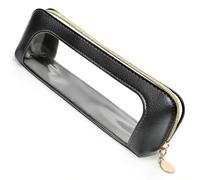 Ayzylpth Small Clear Makeup Bag, Black PU Leather Travel Makeup Brush Bag, Double Sided Clear Waterproof Cosmetic Organizer Pouch with Zipper, Portable Multi-use Cosmetic Organizer Bags for Women