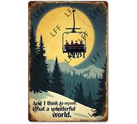 AYZYSMBM Funny Retro Tin Sign And I Think To Myself What A Wonderful World People Sitting On Cable Chair Enjoying The Moon Snow Metal Poster Plaques Home Decoration Canvas Painting Poster 12X8Inch