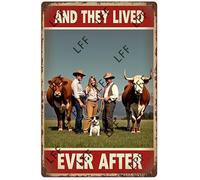 AYZYSMBM Funny Retro Tin Sign And They Lived Happily Ever After Cowboy Cowgirl Farm Horse Bull Dog Metal Poster Plaques Home Decoration Canvas Painting Poster 12X8Inch