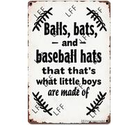 AYZYSMBM Funny Retro Tin Sign Balls, Bats And Baseball Hats That'S What Little Boys Are Made Of Metal Poster Plaques Home Decoration Canvas Painting Poster 12X8Inch