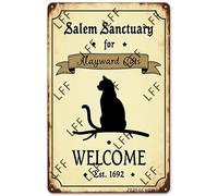 AYZYSMBM Funny Retro Tin Sign Black Cat Halloween Cat Salem Sanctuary For Wayward Cats Ferals And Familiars Welcome Metal Poster Plaques Home Decoration Canvas Painting Poster 12X8Inch