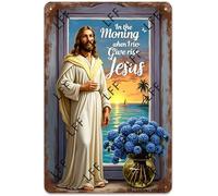 AYZYSMBM Funny Retro Tin Sign Blue Flowers Sunrise Ocean In The Morning When I Rise Give Me Jesus Metal Poster Plaques Home Decoration Canvas Painting Poster 12X8Inch