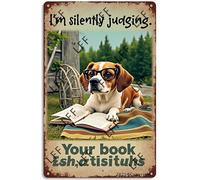 AYZYSMBM Funny Retro Tin Sign Dog Reading I'M Silently Judging Your Book Selection Metal Poster Plaques Home Decoration Canvas Painting Poster 12X8Inch