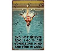 AYZYSMBM Retro Metal Tin Sign, And Into The Pool I Go To Lose My Mind And Find My Soul Bikini Lady Girl Jumping Into Swimming Pool Home Bar Shop Decorations Coffee Vintage Sign Gift 8X12 Inch