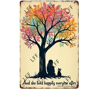 AYZYSMBM Retro Metal Tin Sign, And She Lived Happily Ever After And White Short Hair Cat Home Bar Shop Decorations Coffee Vintage Sign Gift 8X12 Inch