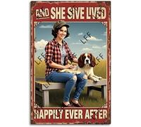 AYZYSMBM Retro Metal Tin Sign, And She Lived Happily Ever After Happy Lady Girl Sitting On Straw With Dog Home Bar Shop Decorations Coffee Vintage Sign Gift 8X12 Inch