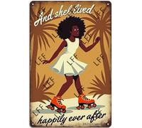 AYZYSMBM Retro Metal Tin Sign, And She Lived Happily Ever After Roller Skating Girl Home Bar Shop Decorations Coffee Vintage Sign Gift 8X12 Inch