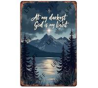 AYZYSMBM Retro Metal Tin Sign, At My Darkest God Is My Light Home Bar Shop Decorations Coffee Vintage Sign Gift 8X12 Inch