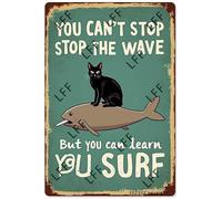 AYZYSMBM Retro Metal Tin Sign, Black Cat Whale You Can'St Stop The Waves But You Can Learn To Surf Home Bar Shop Decorations Coffee Vintage Sign Gift 8X12 Inch