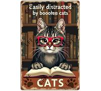 AYZYSMBM Retro Metal Tin Sign, Easily Distracted By Books And Cats Knowledge Love Reading Home Bar Shop Decorations Coffee Vintage Sign Gift 8X12 Inch