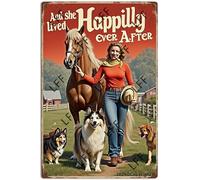AYZYSMBM Retro Metal Tin Sign, The Girl On Farm With Horses And Dogs And She Lived Happily Ever After Home Bar Shop Decorations Coffee Vintage Sign Gift 8X12 Inch