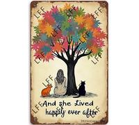 AYZYSMBM Vintage Metal Tin Sign And She Lived Happily Ever After And Orange Tabby Cat Wall Art Poster Novelty Sign 8X12 Inch