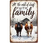AYZYSMBM Vintage Metal Tin Sign At The End Of The Day Faith Family Farm Cow On Snowy Day Wall Art Poster Novelty Sign 8X12 Inch