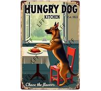 AYZYSMBM Vintage Metal Tin Sign German Shepherd Dog And Hungry Dog In Kitchen, Chase The Flavors Wall Art Poster Novelty Sign 8X12 Inch