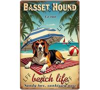 AYZYSMBM Vintage Tin Sign - Basset Hound Dog Beach Life Sandy Toes Salty Kisses - Wall Art For Home Or Office Decore Poster For Spiritual - Metal Plaque 8 Inch X 12 Inch
