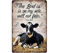 AYZYSMBM Vintage Tin Sign - Black And White Cow The Lord Is On My Side I Will Not Fear - Wall Art For Home Or Office Decore Poster For Spiritual - Metal Plaque 8 Inch X 12 Inch