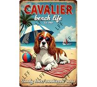 AYZYSMBM Vintage Tin Sign - Charles Spaniel Dog Beach Life Sandy Toes Salty Kisses - Wall Art For Home Or Office Decore Poster For Spiritual - Metal Plaque 8 Inch X 12 Inch