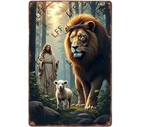 AYZYSMBM Vintage Tin Sign - God Jesus Love Animals The Lion Protect The Sheep - Wall Art For Home Or Office Decore Poster For Spiritual - Metal Plaque 8 Inch X 12 Inch