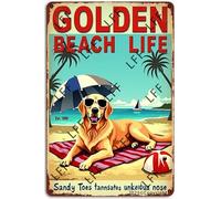 AYZYSMBM Vintage Tin Sign - Golden Retriever Dog Beach Life Sandy Toes Salty Kisses - Wall Art For Home Or Office Decore Poster For Spiritual - Metal Plaque 8 Inch X 12 Inch