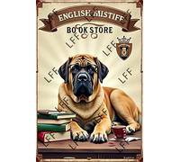 AYZYSMBM Wall Decor Tin Sign English Mastiff Dog Bookstore Company Strong Coffee Long Book Metal Tin Poster For Living Room Decor Home Decor Office Decor Farmhouse Decor Church 8X12 Inch
